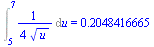 Int(`+`(`/`(`*`(`/`(1, 4)), `*`(`^`(u, `/`(1, 2))))), u = 5 .. 7) = .2048416665