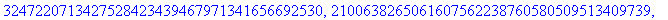 L2 := [7172686234289466200939559070471509604255, 6611276006364628177242037047478292774239, 7460918425552688425534106507786956389426, 4779523503634355495992515441130420242920, 48031207856939505772095234...